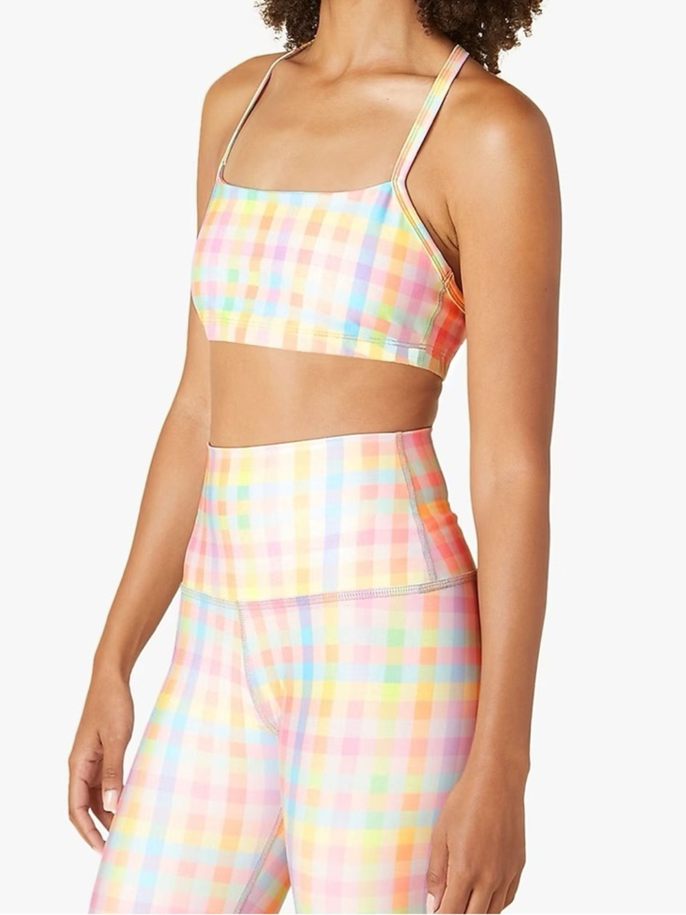 Beyond Yoga t-strap bra, pastel gingham print, size SM, new